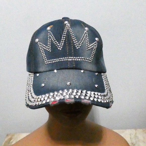 Frayed denim cap with crown tiara of sparkling silver metal faced riveted beads main image 5